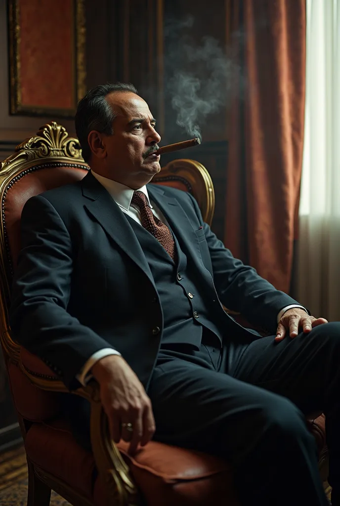 a well-dressed italian mobster, sitting in a chair smoking a cigar, looking out a window with a pensive expression, 8k, ultra-detailed,photorealistic,chiaroscuro lighting,cinematic atmosphere,dramatic shadows,rich textures,intricate details,moody color pal...