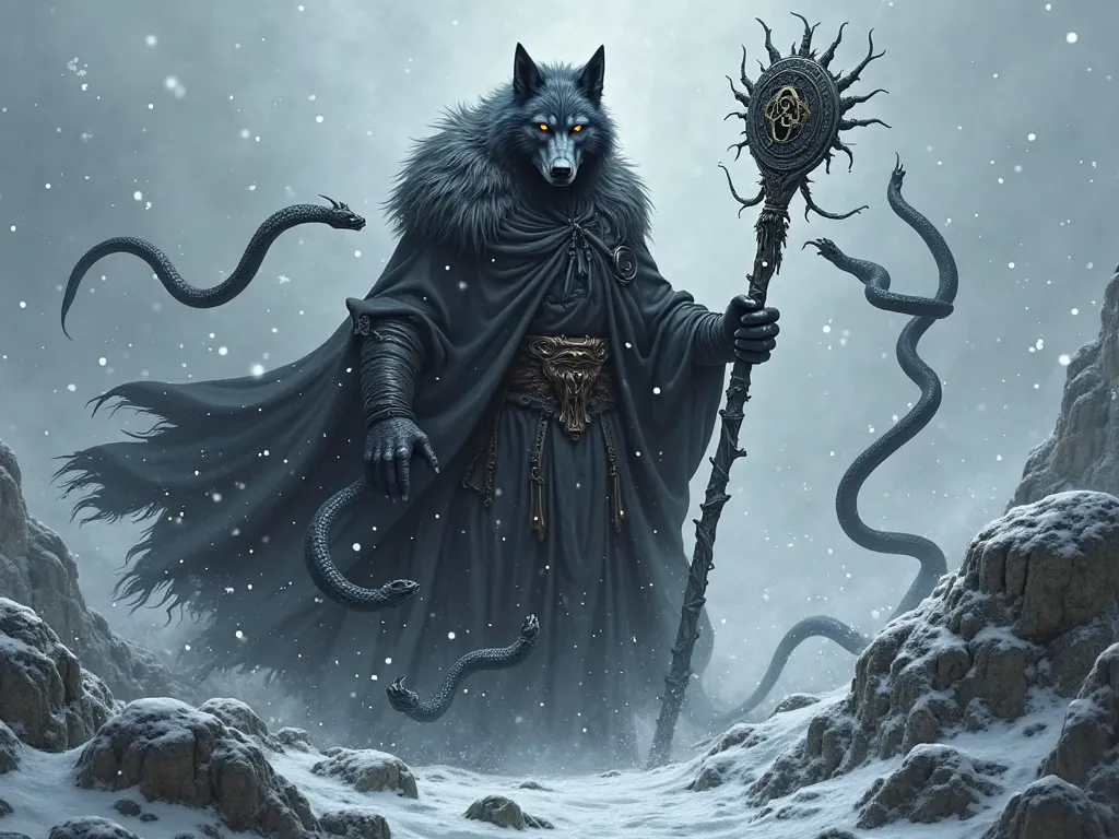 Werewolf wrapped in a black cape holding a magic staff and summoning black snakes in snowy weather.