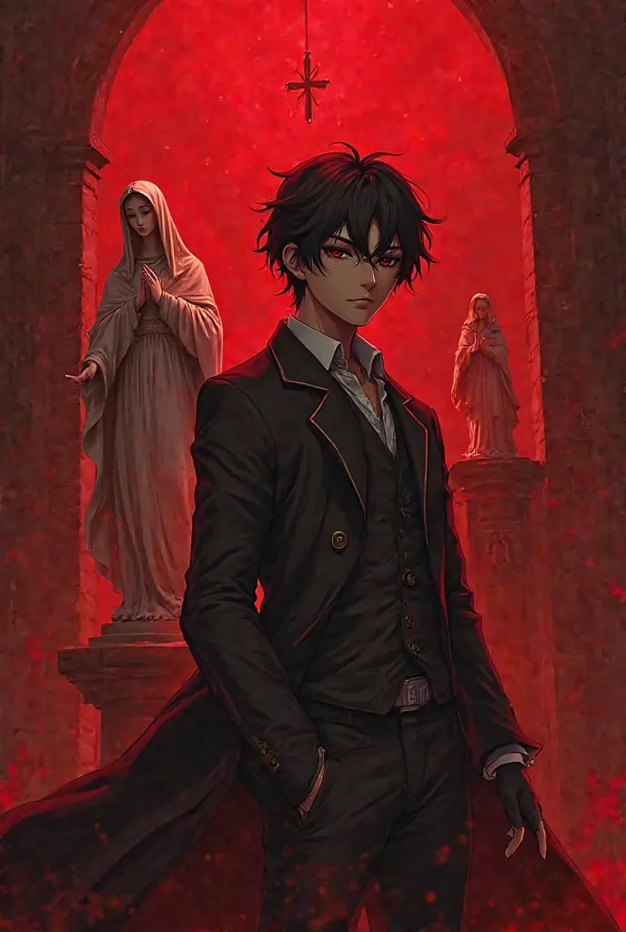 anime man，There is a statue of Our Lady in the back，Blood red background