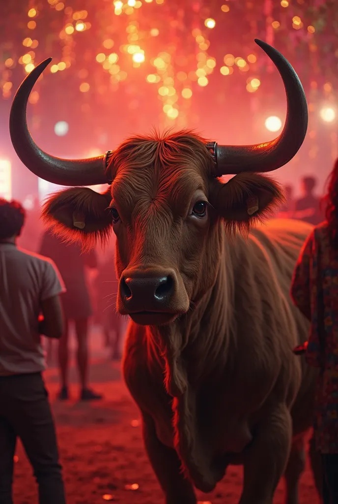 imagem de um boi chifrudo em uma festa  ultra realistic tomando um drink, realistic ox, big horned ox, ox standing at a party, ox drinking a drink, Party with people, party with music,  ultra realistic, 8k, hdr,  Realistic photo, studio lighting,  vivid co...