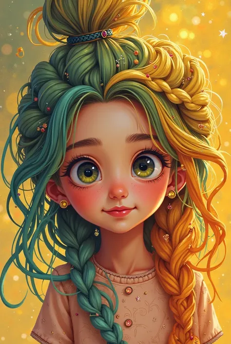 Girl with a lot of fine braids of different colors, yellow, greens and oranges