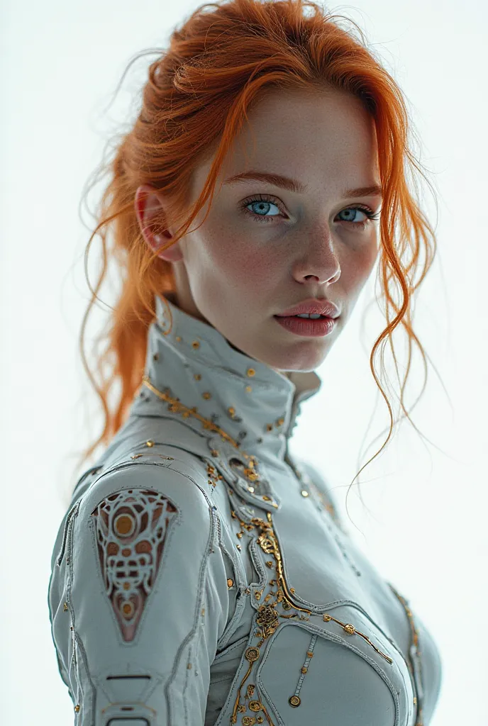 MODEL redhead with blue eyes 170 cm full-length girl for a magazine cover on a white background, beautiful girl in cyberpunk clothes, neurons , futurism is something to do with transformation 