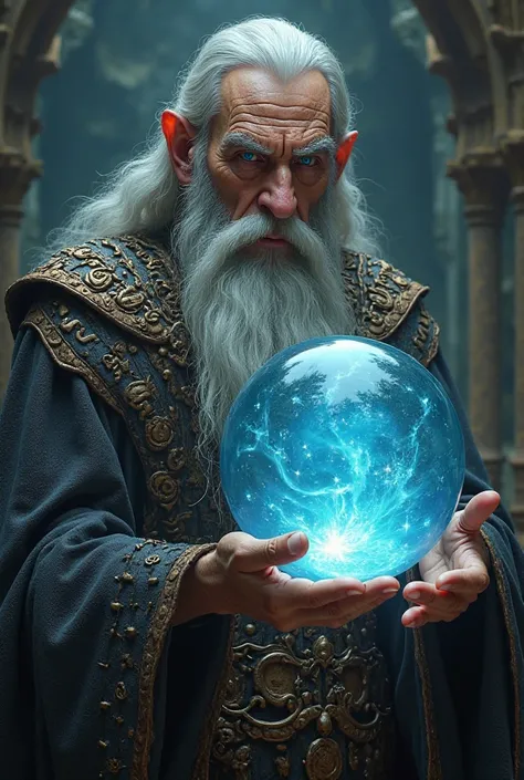 A wizard with a crystal ball in his hand looking at the camera 