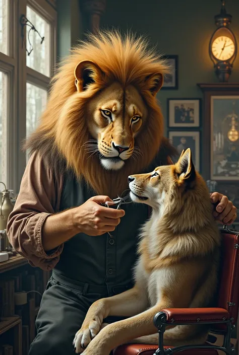 A lion cutting a wolf in a barber shop 