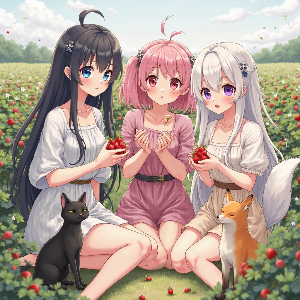 anime style。A sexy beauty with long black hair and blue eyes, a beautiful woman with pink hair, and a beautiful woman with twin tails with white hair are enjoying picking strawberries。Black McCullle Tabby's cat and a fox-colored northern fox are sitting。Th...