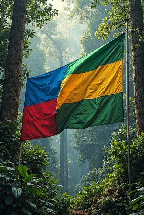 A tricolor blue red and green flag in an Amazonian place