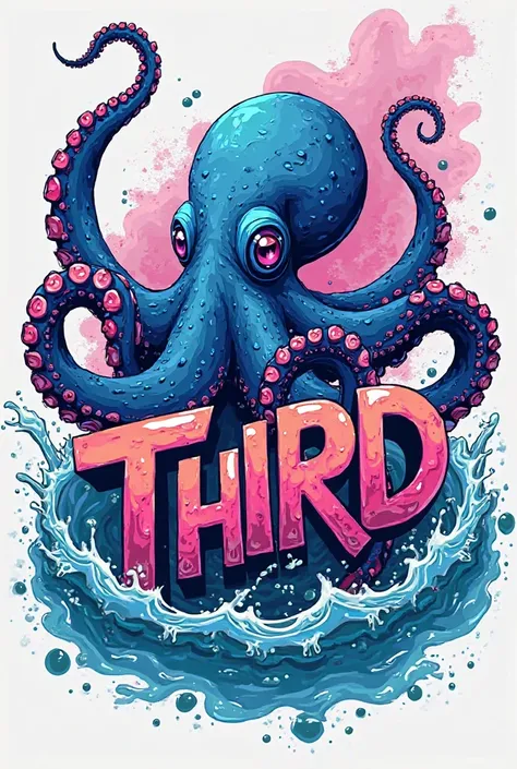 Create a vibrant and stylish illustration of a realistic octopus emerging from the water, with its tentacles hugging the word 'THIRD' in an urban graffiti design. The octopus should have blue and purple tones with bright details for a dynamic effect, while...