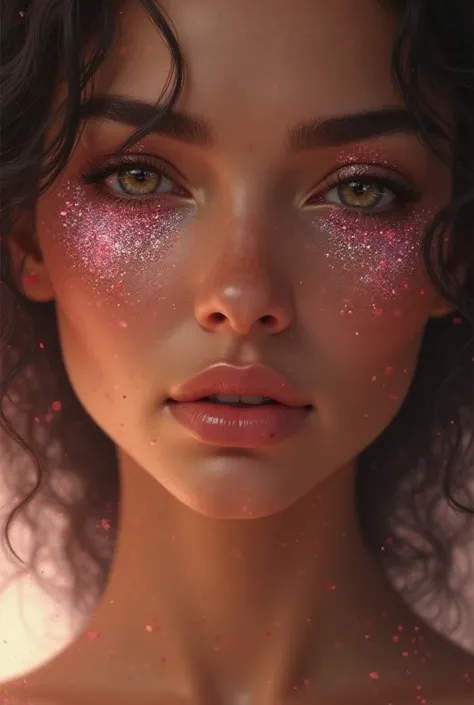 Brazilian female face with pink glitter in the corner of the eye or cheek 