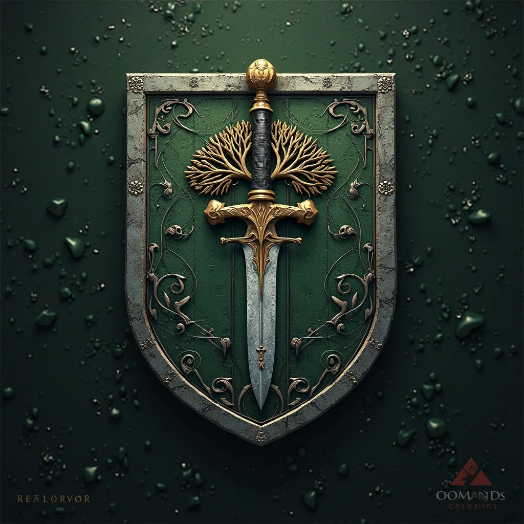 medieval coat of arms in 2D, with the colors dark green and gray. The symbol of the coat of arms is Oak and the Sword. Game of Thrones coat of arms style. Less realistic and more medieval.