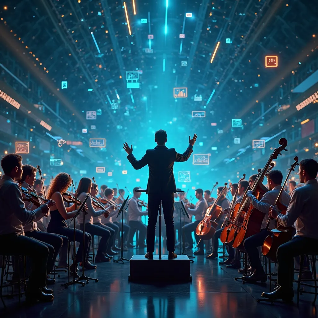 A futuristic conductor conducts a digital orchestra, where each instrument represents a paid traffic platform, como Facebook Ads, Instagram Ads and other online marketing tools. Instead of musical scores, lines of data and graphics float in the air, synchr...