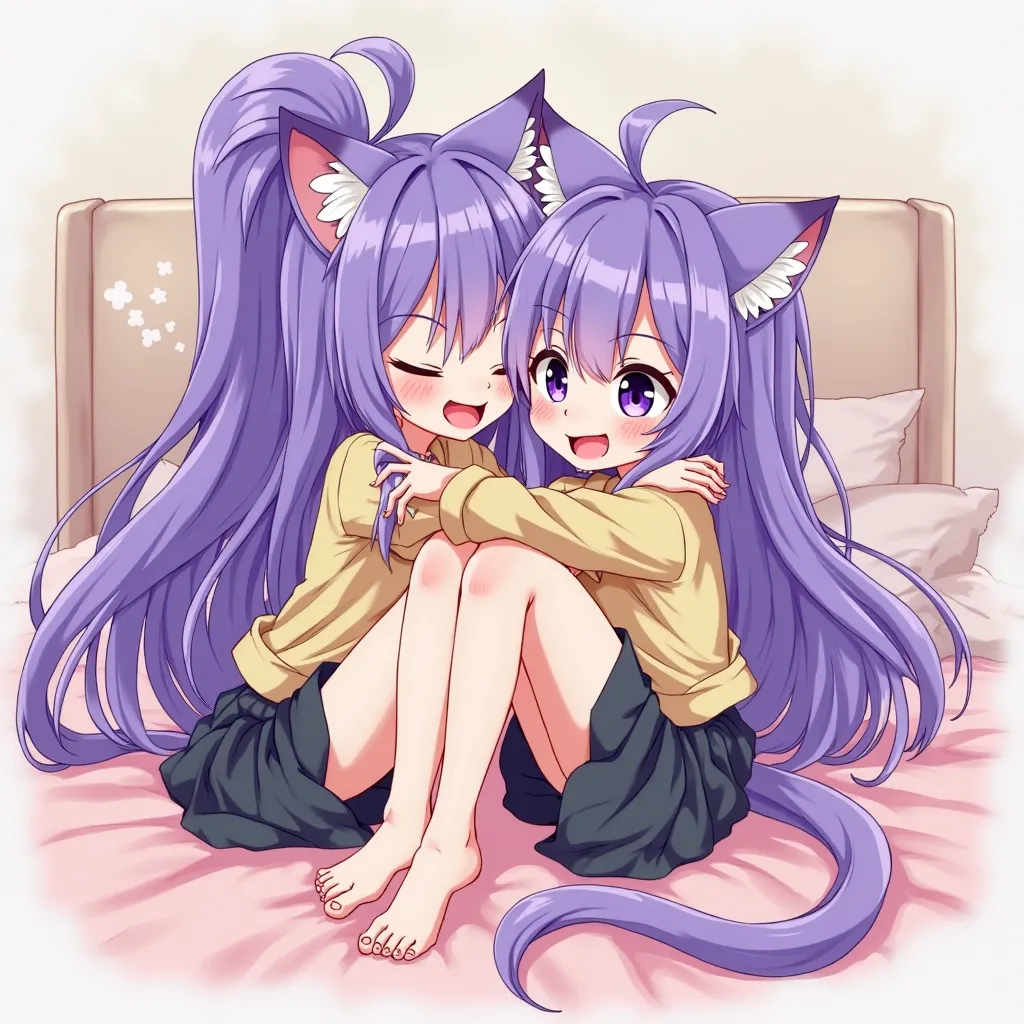  2girl, Purple Hair, Ponytail, , Cat Ears, Purple Eyes, Tongue Out, Drooling, Open Mouth, Fang,, Anime Style, Barefooted. Cuddling