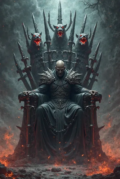 god hades sitting on a throne of swords next to cerberus with three heads in flames