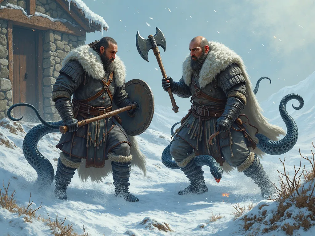 Two pigheaded Viking soldiers fighting black snakes in front of a stone house in a snowy climate.