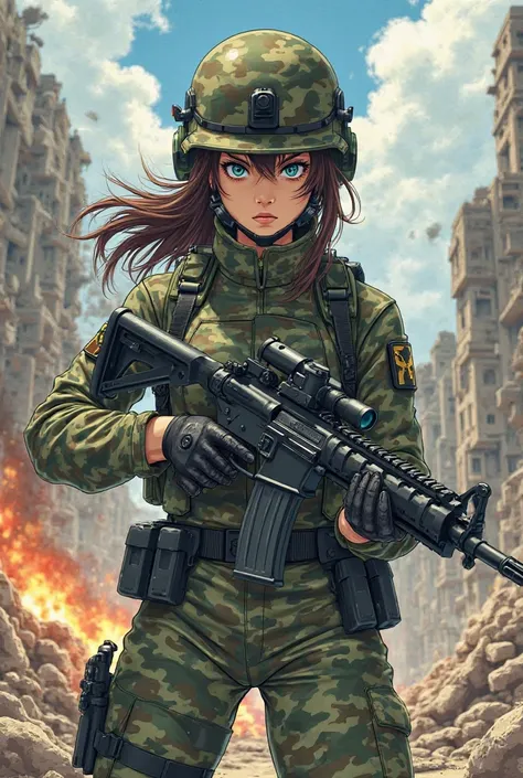 A female soldier wearing a camouflage suit、camouflage helmet。
I'm holding an assault rifle

Draw in anime style