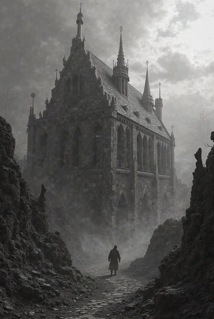 An old university from the outside with a realistic, terrifying and mysterious landscape in black and white 