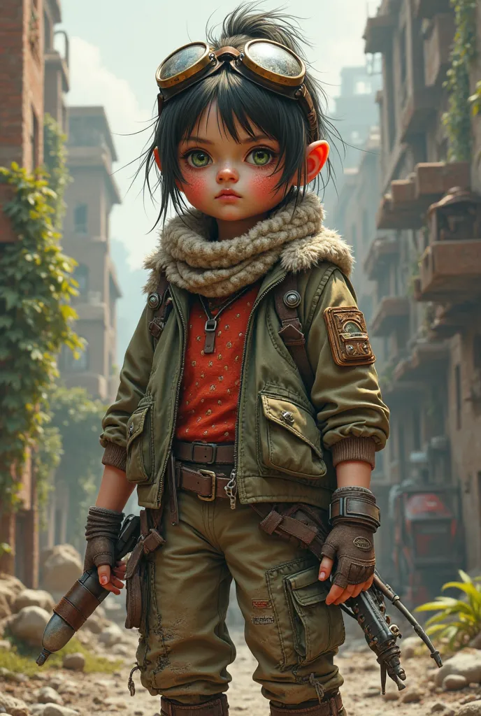 A hyper-realistic digital painting of a young humanoid girl with the appearance of a strawberry. Her soft, red skin is textured with tiny seeds, and her cheeks have a slightly rough yet delicate surface. Her deep, green eyes shine with determination beneat...