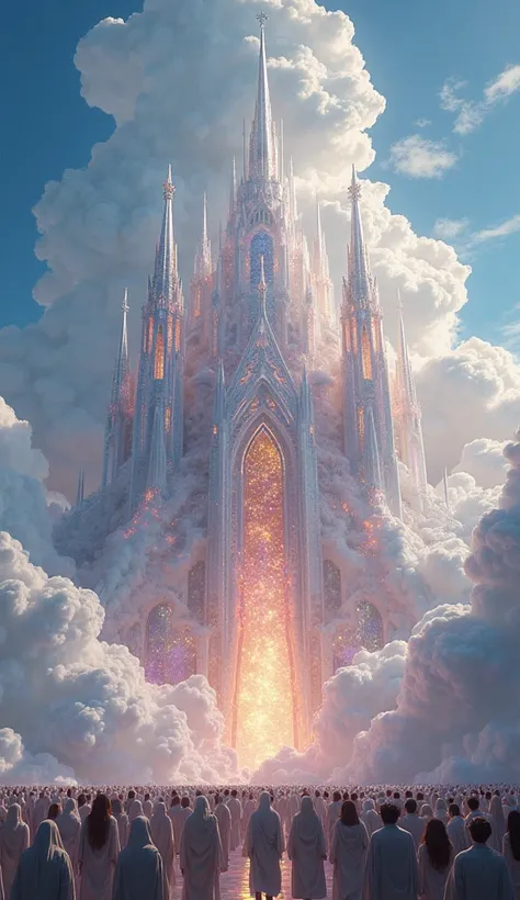 A **colossal celestial cathedral**, constructed **entirely of radiant shimmering particles and iridescent glitter**, stands magnificently above the **vast, voluminous clouds**. Its **grand spires, intricate archways, and immense crystalline pillars**, all ...