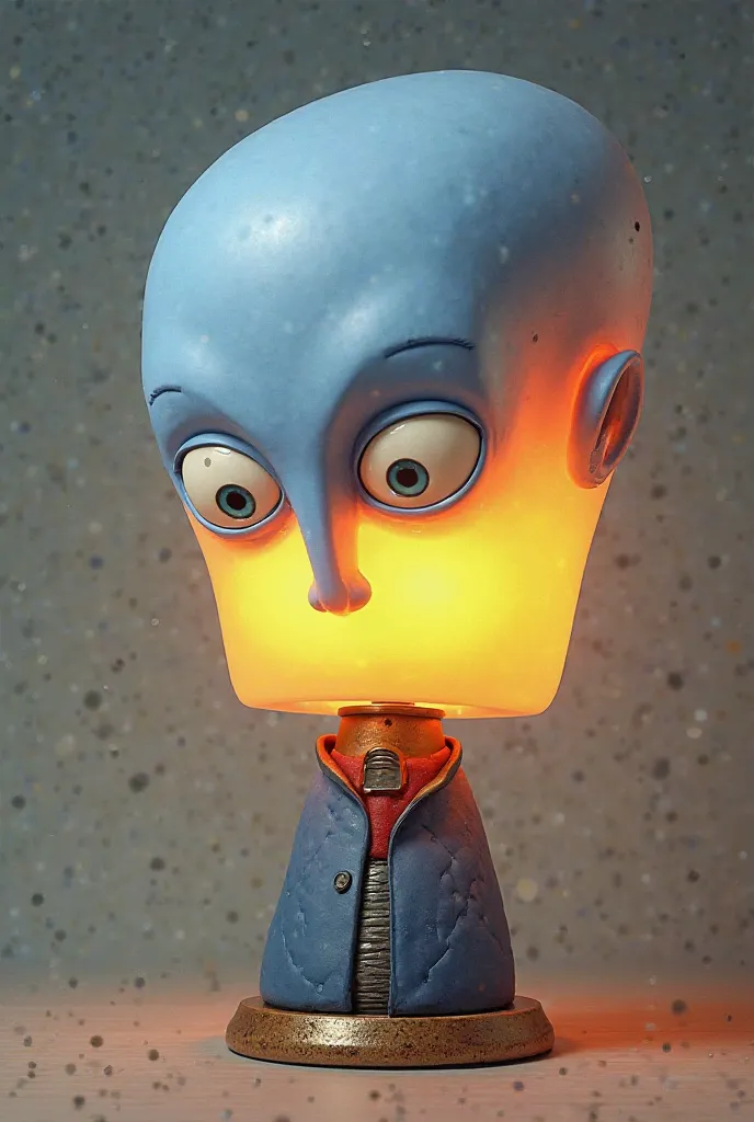 Make me an image of the character Megamente from the movie Megamente, as if it were a lamp that shines in his head, but in the form of a more animated creative lamp.
