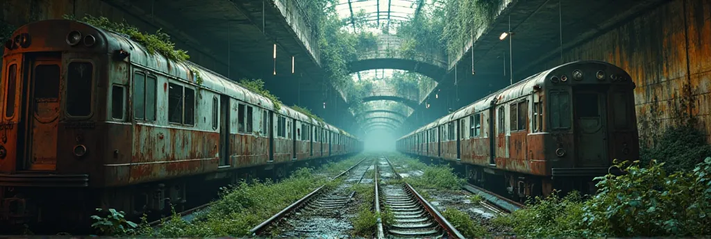 Create an ultra-mega-realistic post-apocalyptic scenario. Inside the subway filled with abandoned trains, Taken by the environment,  rusty wreckage , a view from top to bottom, Seeing the garage with stopped trains, blue to green lighting illuminating the ...