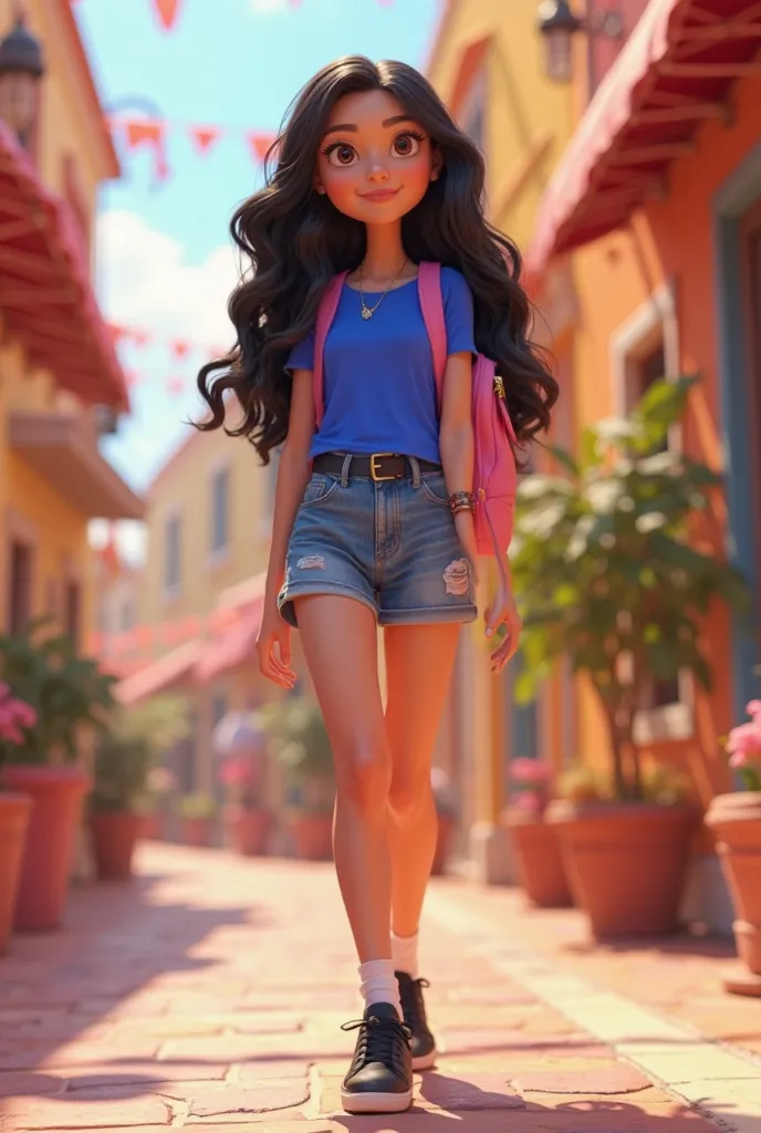 Pixar 3D image of a  woman with royal blue blouse and short skirt with black sneakers and pink backpack long curly hair black with dark brown eyes with fair skin/curtain