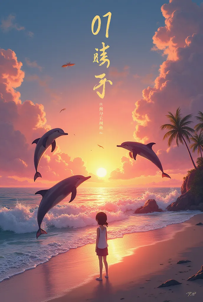 Sun set on a beach with dolphins jumping in air and a girl on the beach starring at sunset with 01 LAI VAI writing on an album art 