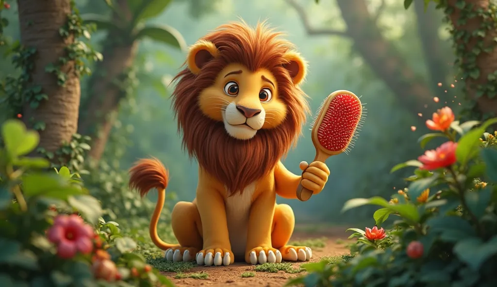 In the jungle a lion combing his hair with a brush .
 Pixar style cartoon  