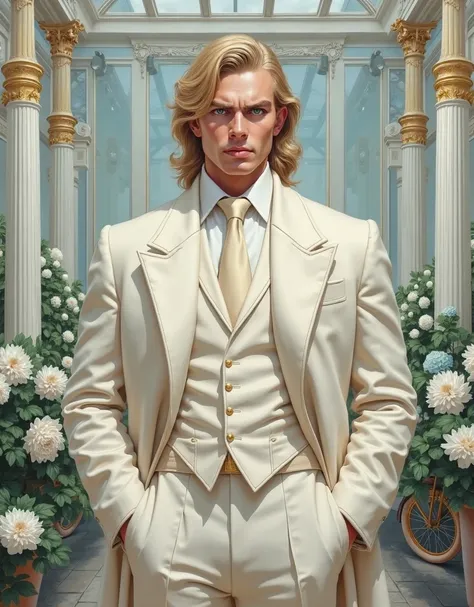 Oil portrait (painting on canvas), realistic image quality, photography,  Realistic illustration .  Aesthetic image .  detailed image. Aristocratic environment,  high standard . front view,  front focus. pose/ Imperious posture ,  dominant, It's a king . p...