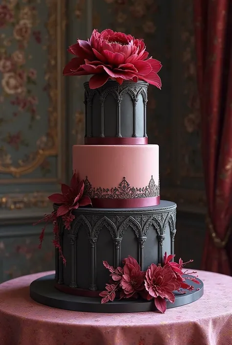 Hiperrealista: pastel three levels; first double tall black cylindrical base cake with column gothics decorations,  Gothic arches, flowers like hoja de acanto; next level smaller in burgundy colored pastel with burgundy ribbon ribbon; third level cylindric...