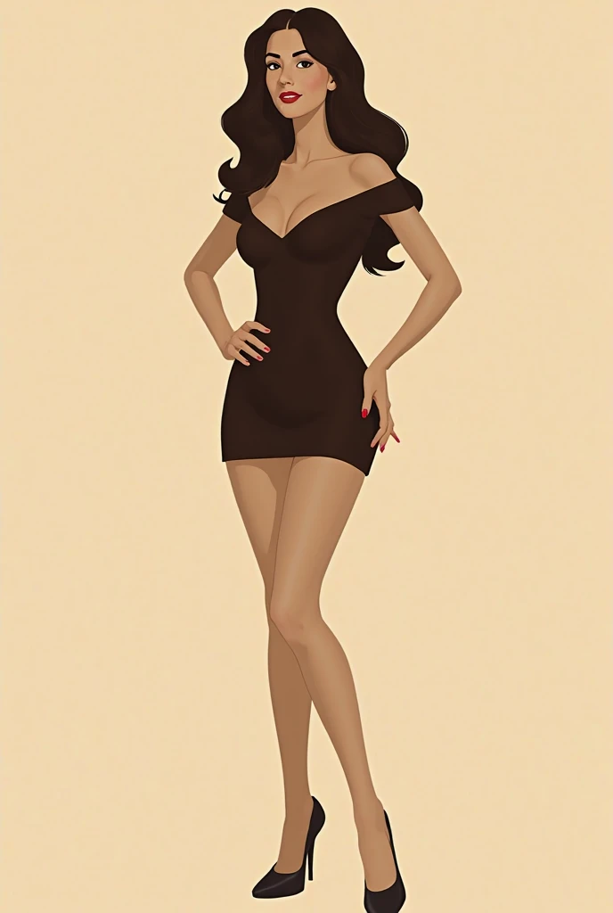 "A realistic woman with long, wavy hair, wearing a short, tight dress and high heels.  She is in an elegant and confident pose , with a slight movement in the posture, transmitting charm. The image must have a minimalist artistic effect, as if it were a si...