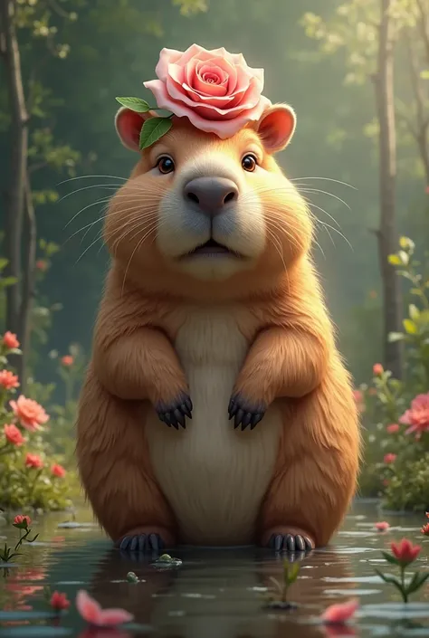 Capybara with a rose on her head 