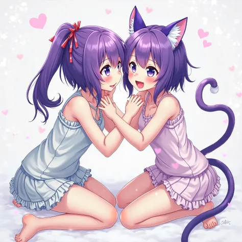 Purple Eyes, 2girl, Purple Hair, Ponytail, , Cat Ears, Purple Eyes, Tongue Out, Open Mouth, Anime Style, Barefooted, kissing,