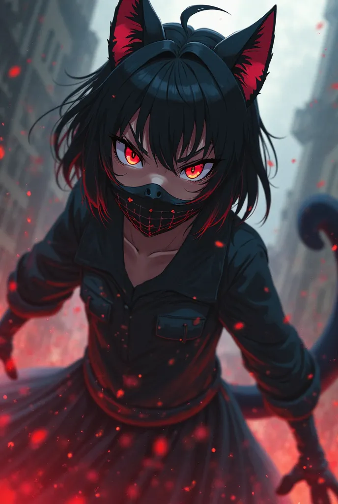  Dark-skinned girl with short black hair with tufts of red hair,  crimson eyes, with wolf ears and tail,Open Eyes,Villain, fighting, wearing a muzzle,anime