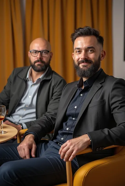 two men on a podcast, with a table in between that has some drinks for them,the first guy has a short and nice beard with his hair facing back and he's sitting on a yellow Comfy chair very well dressed , the other guy doesn't have a beard, he has glasses a...