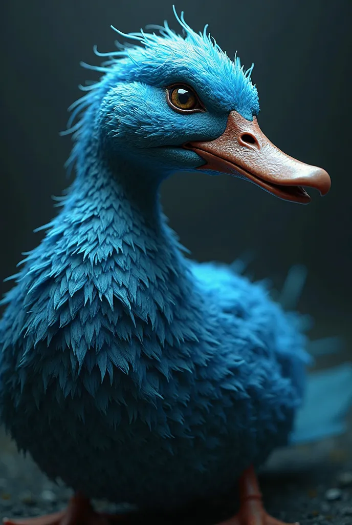 Blue duck with an evil face