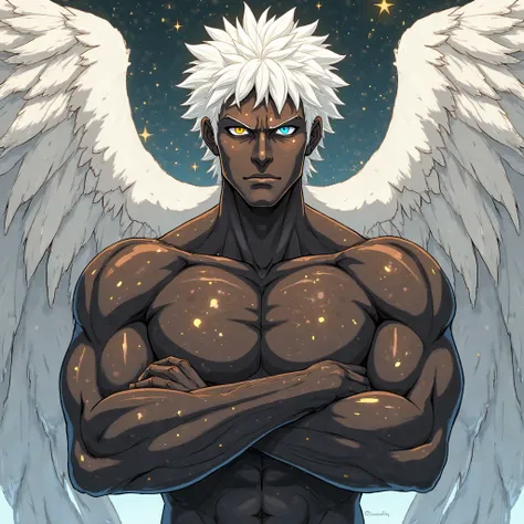 A mystical being with a humanoid appearance, looking like an adult man, With a very strong body. He has short and frizzy hair in the color white. He has dark brown skin, almost black, with spots and golden spots scattered across his skin, including the fac...