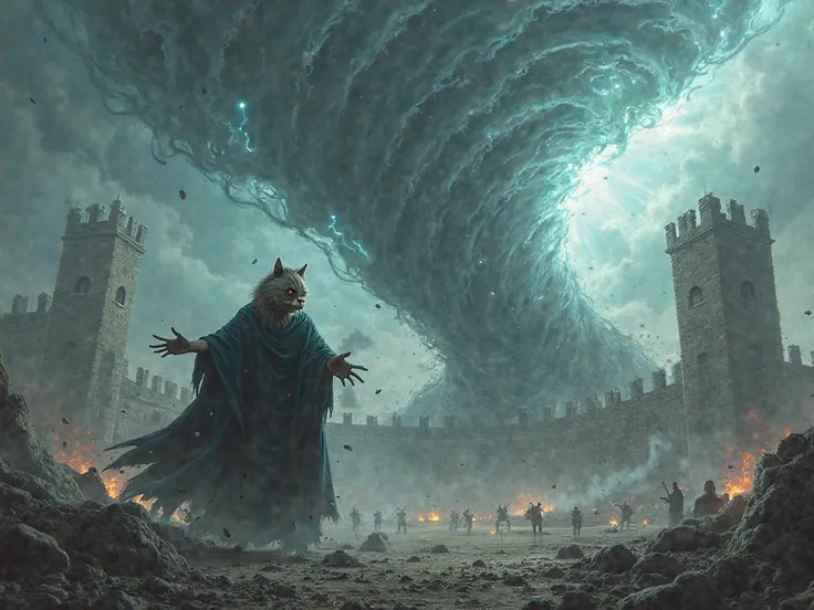 werewolf-headed wizard destroying stone fortress with a huge tornado