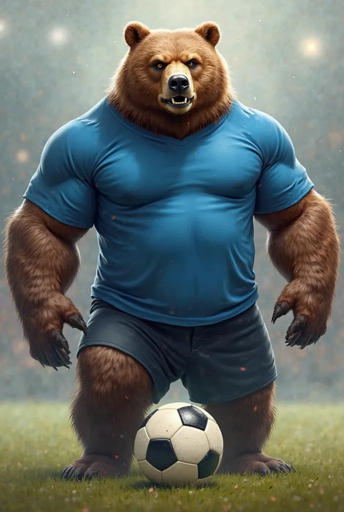 Soccer Bear, Wearing a blue t-shirt and having a challenging attitude 