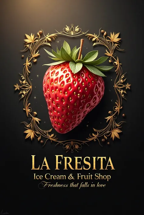 An elegant and luxurious logo for 'La Fresita', a premium ice cream and fruit shop in Colombia. The design shows a large golden strawberry with reflections of red or fuchsia on the front and slightly greenish leaves in a gold tone, dramatically illuminated...