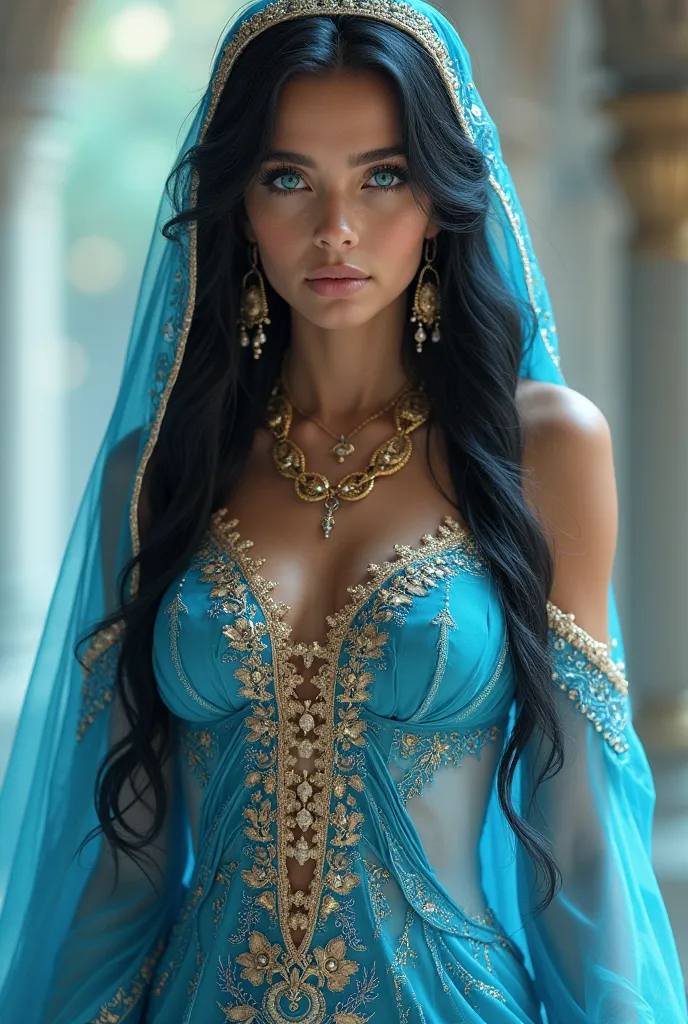 beautiful girl with long wavy black  hair with cyan eyes wearing blue and gold  Arabian outfit ,princess, genie ,full body