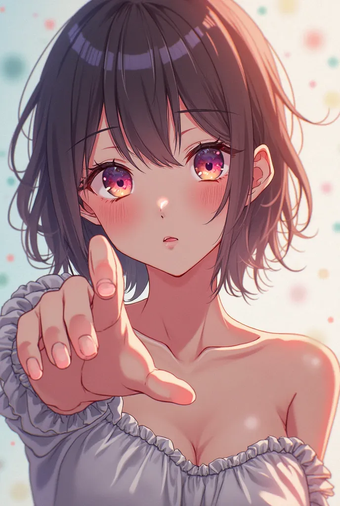 A woman poses with 2 fingers, anime style 