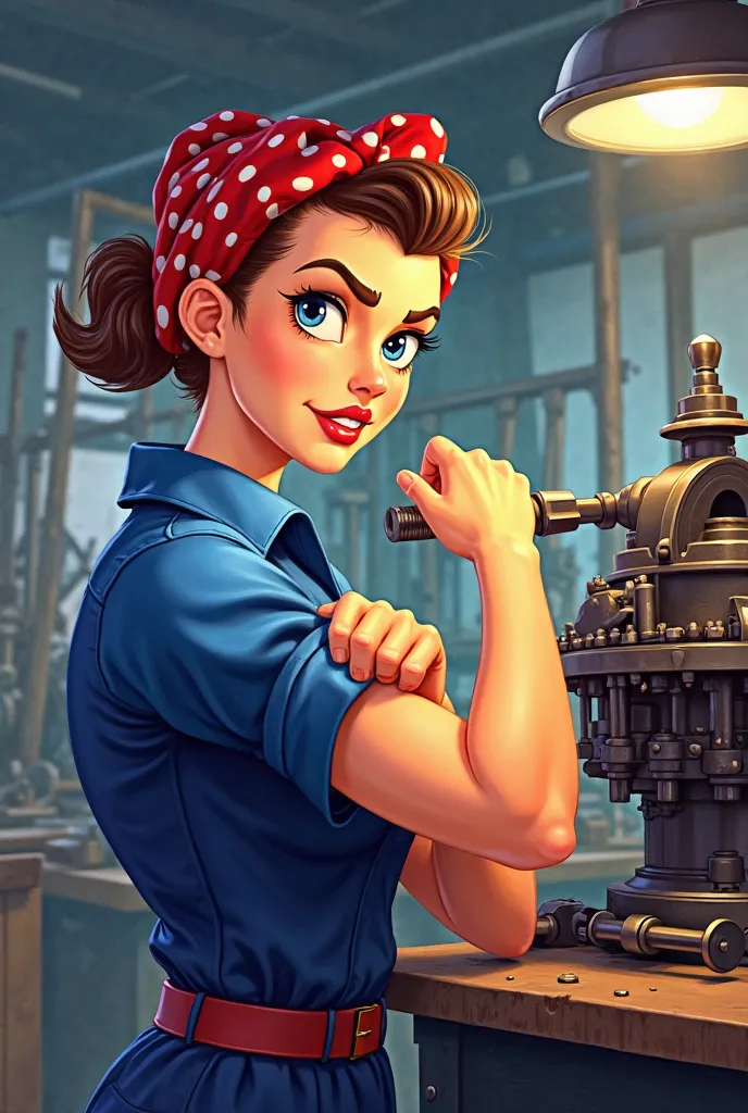 Cartoon image of Rosie the riveter working on a machine