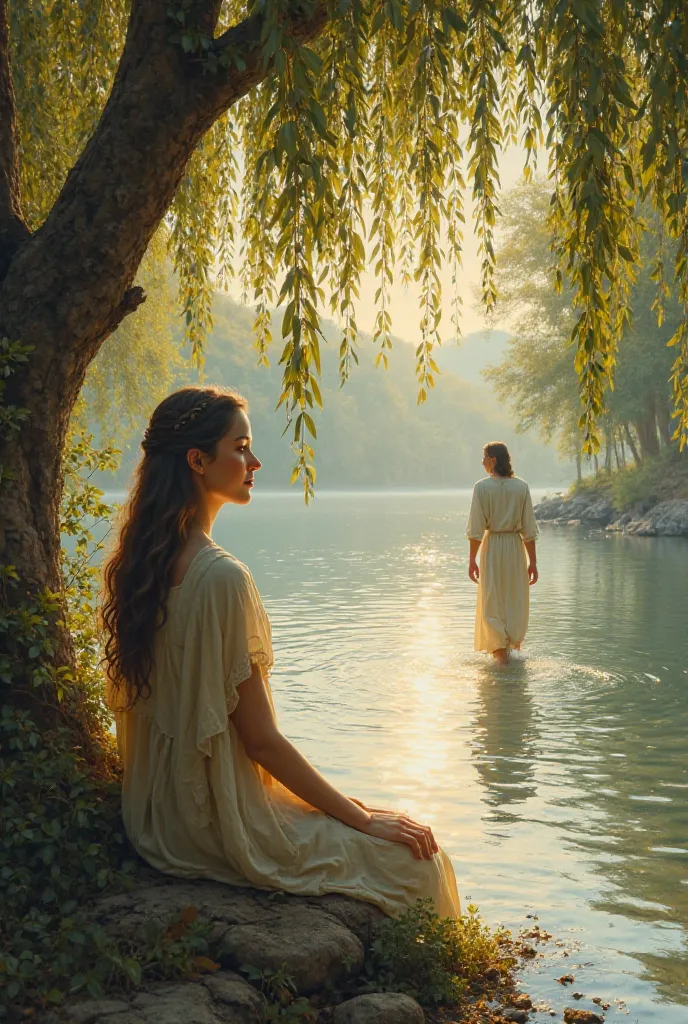 Woman sitting under a weeping willow tree watching Jesus walk on water 