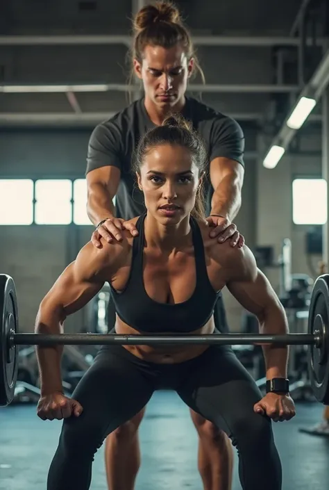 Create a woman being assisted in the distant squat by a personal trainer at the weight gym 