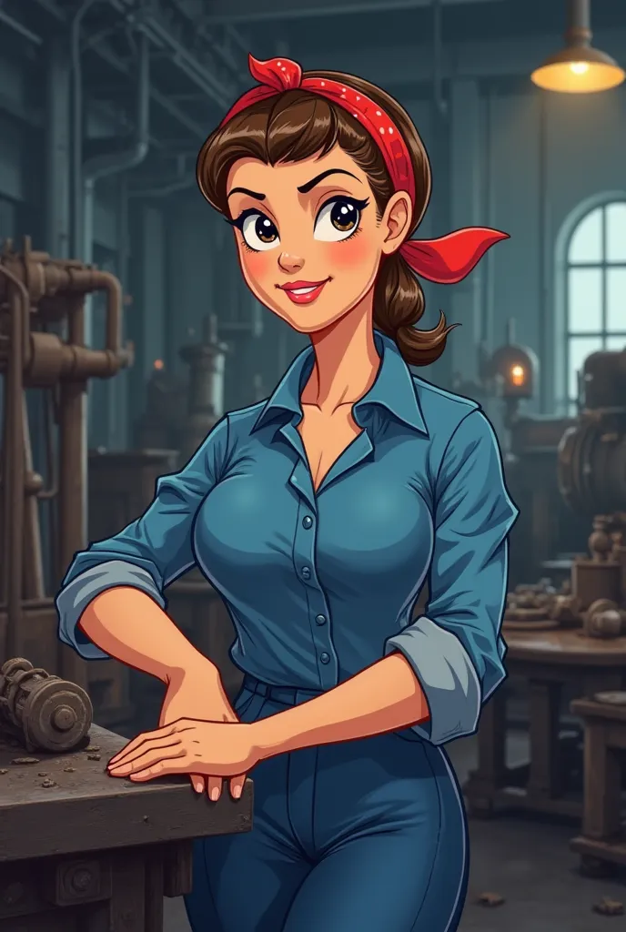 Subtle cartoon image of Rosie the riveter working industrial