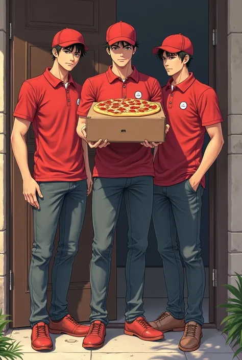 Three pizza delivery unifrom wearing anime 18 years old  guys standing at my front door, no actual pizza in their hand, they're handsome and a bit fit they are cool and close 