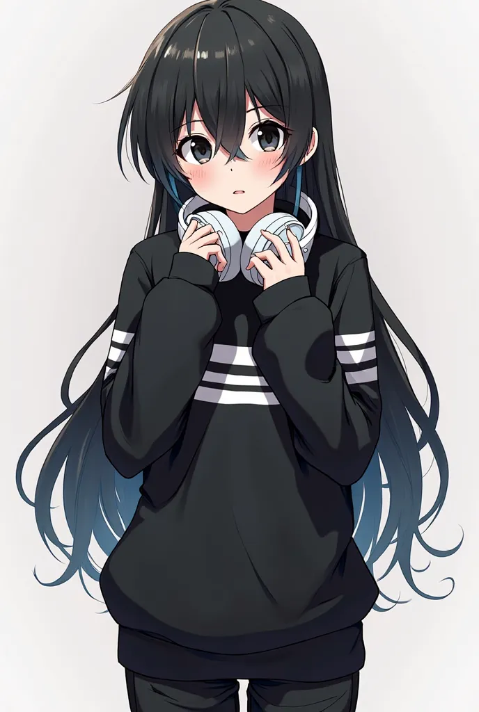 Anime boy with long black hair with short whore around his neck white headphones black sweater with long sleeves and black pants that show his waist hands covered by sweater sleeves white stripe in the center of the sweater black eyes must be a boy of appr...