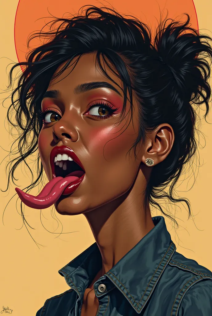 Very brown colored woman with her tongue sticking out with something  on her