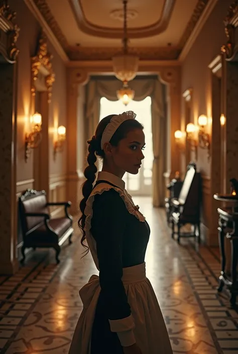 An elegant mansion corridor bathed in warm, mysterious light. In the foreground, a graceful maid in a classic uniform (hinting at hidden depth) glances sideways with a look of quiet determination and secret sorrow. Ornate details—polished marble floors, lu...