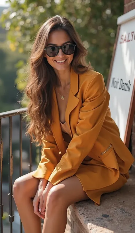 Attractive realistic model, beautiful, linda,  of 23 years,  light leather balcony, looking down, in fashion, Stylish, attitude,  big smile , long brown hair, sunglasses, long sandals,  beautiful makeup . Announcing the brand in warm colors, clothing that ...