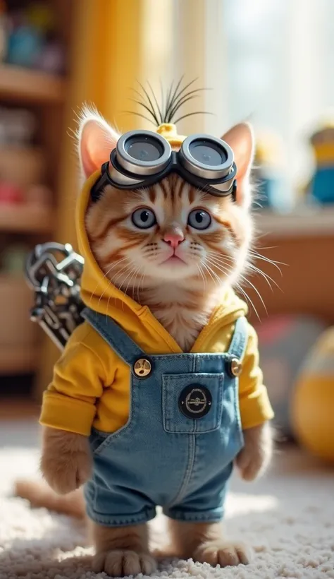 A cute beige tabby kitten wearing a Minions costume, with the signature blue overalls, yellow body, and round goggles. The kitten has a wind-up key on its back, resembling a clockwork toy. It is standing in a cozy, -friendly bedroom with soft lighting, col...